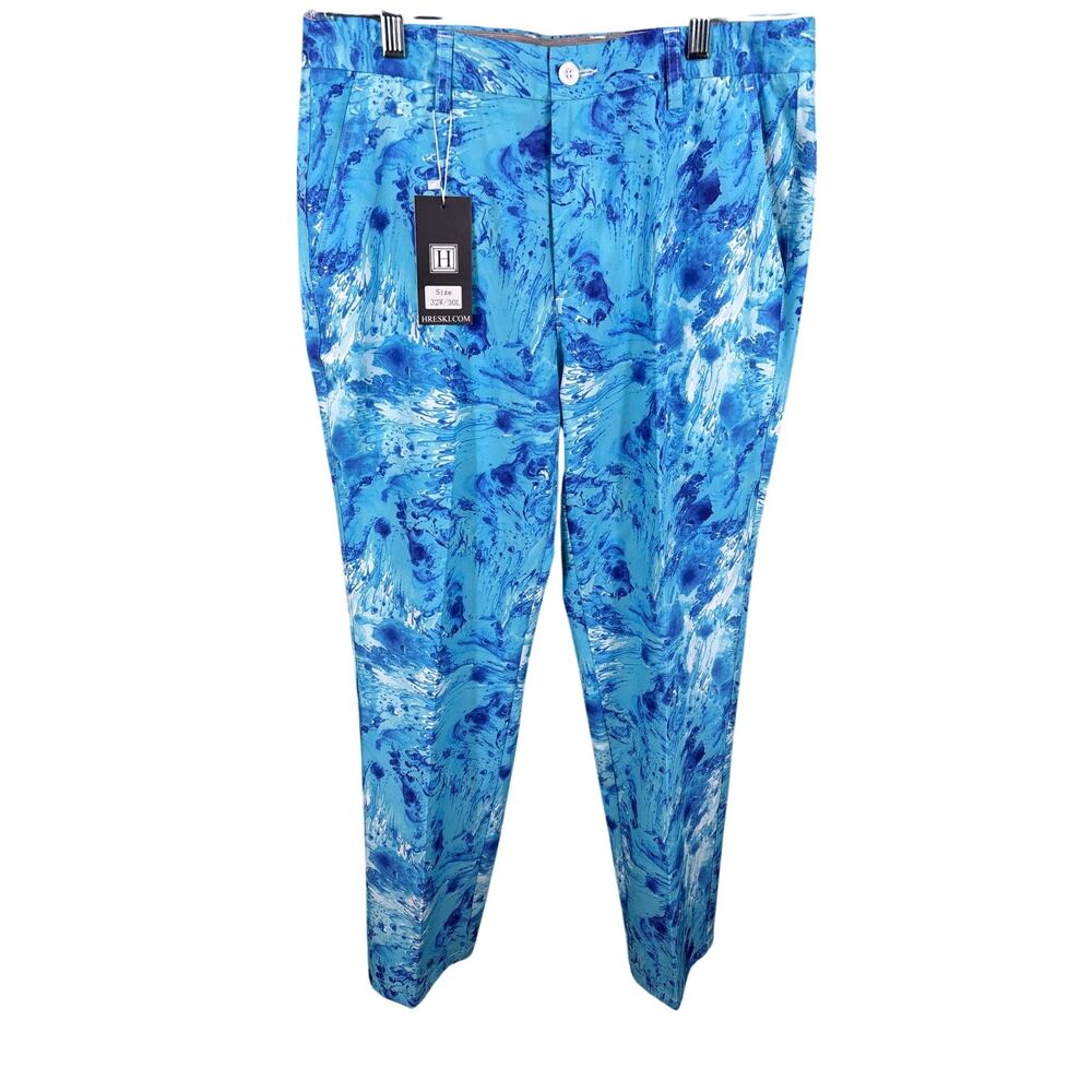 Hreski Mens 32x30 Blue Abstract Watercolor Tie Dye Marble Performance Golf Pants